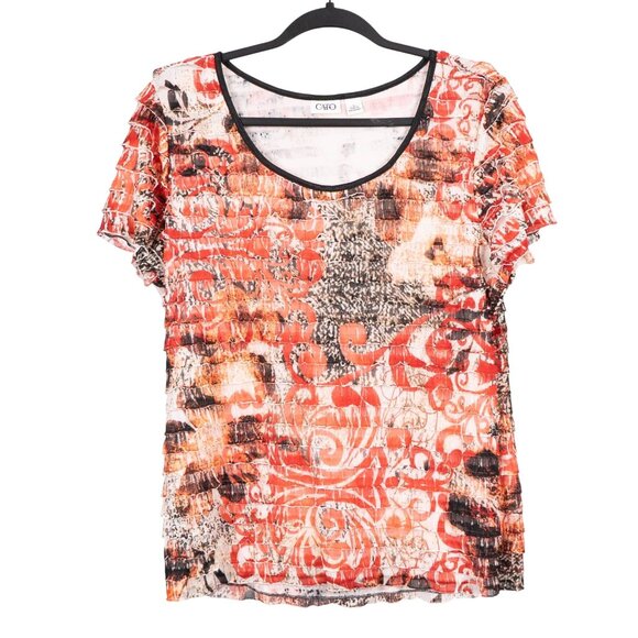 Cato Ruffle Shirt L Womens Abstract Print Short Sleeve Orange Black White Polyes - Picture 1 of 5